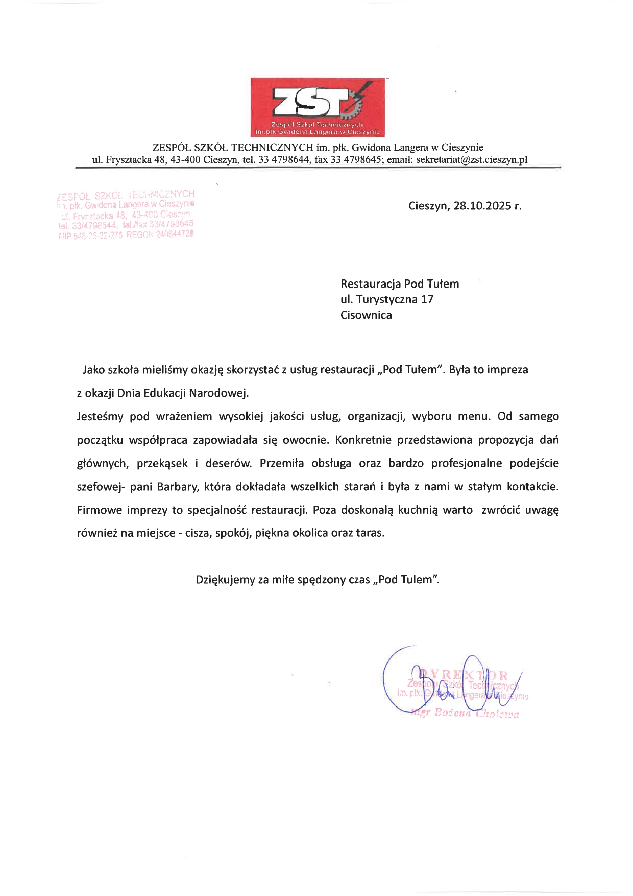 Pod Tułem, wesela, catering - referencje od klienta 1